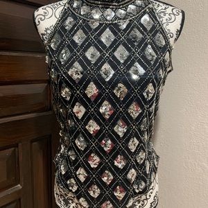 Bling Papell Boutique Evening Top Black Beaded High Neck Medium Zipper Back